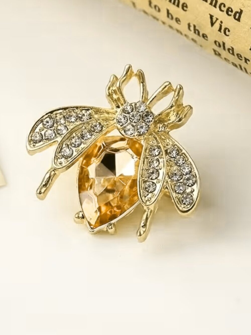 Bee Brooch Vintage Inspired Golden Tone Metal Light Amber Body Rhinestone Wings